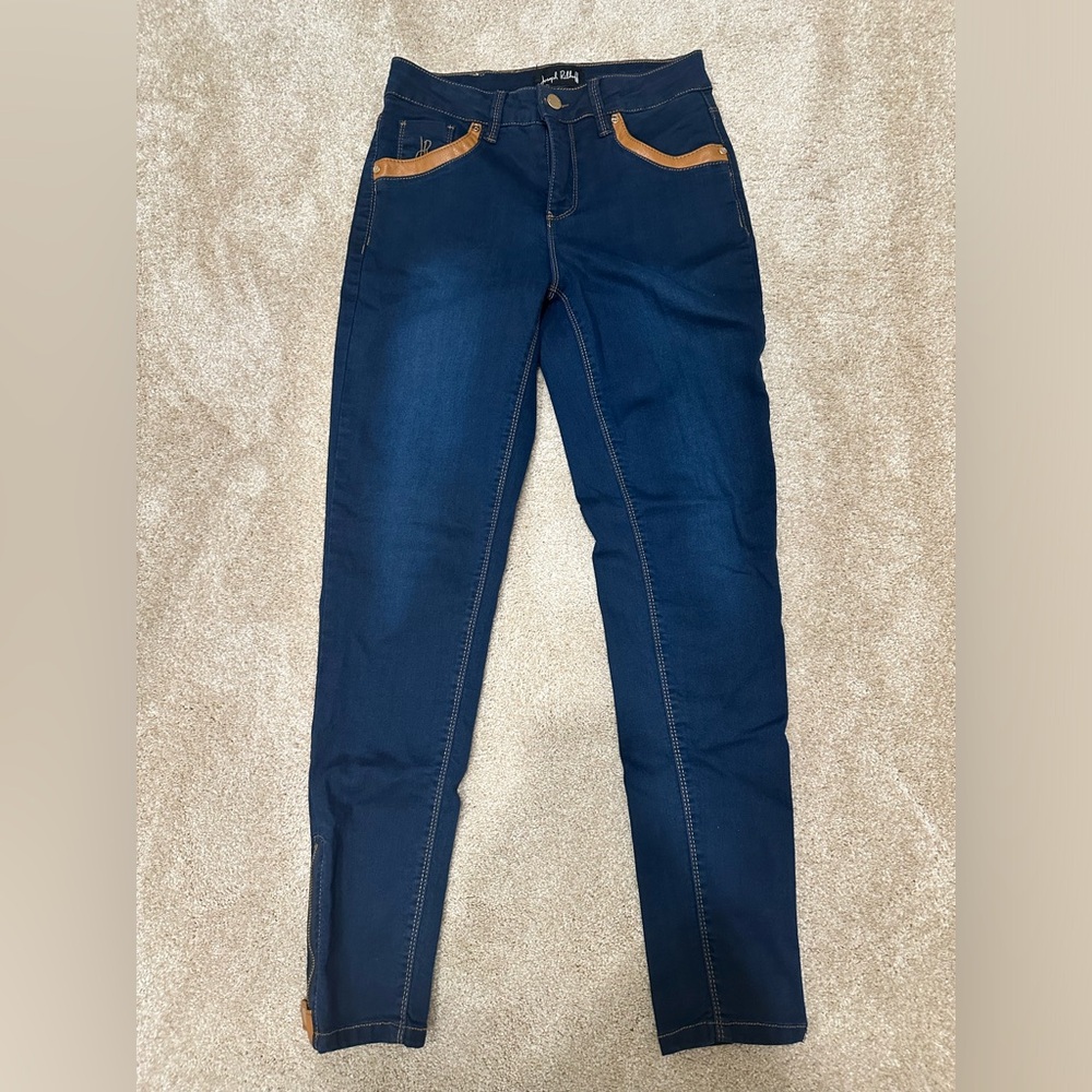 Joseph Ribkoff Blue Jeans Skinny Zipper Ankle Sz 8 faux Leather Embellishment